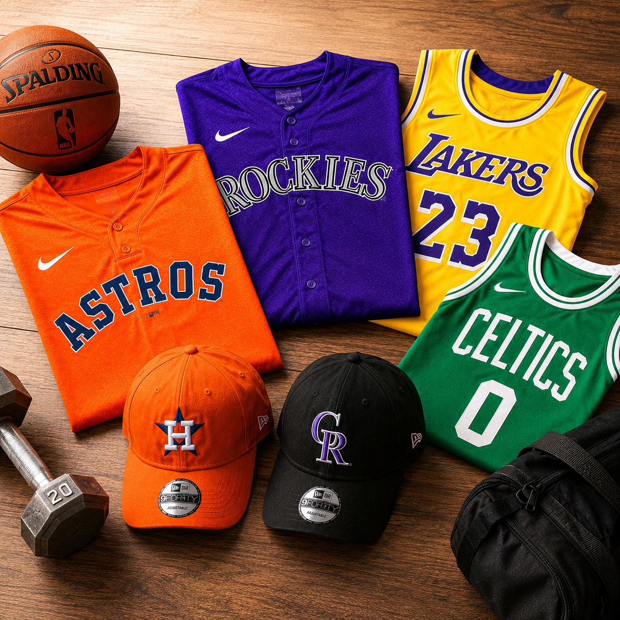 Basketball and baseball jerseys with baseball hats laid out on display