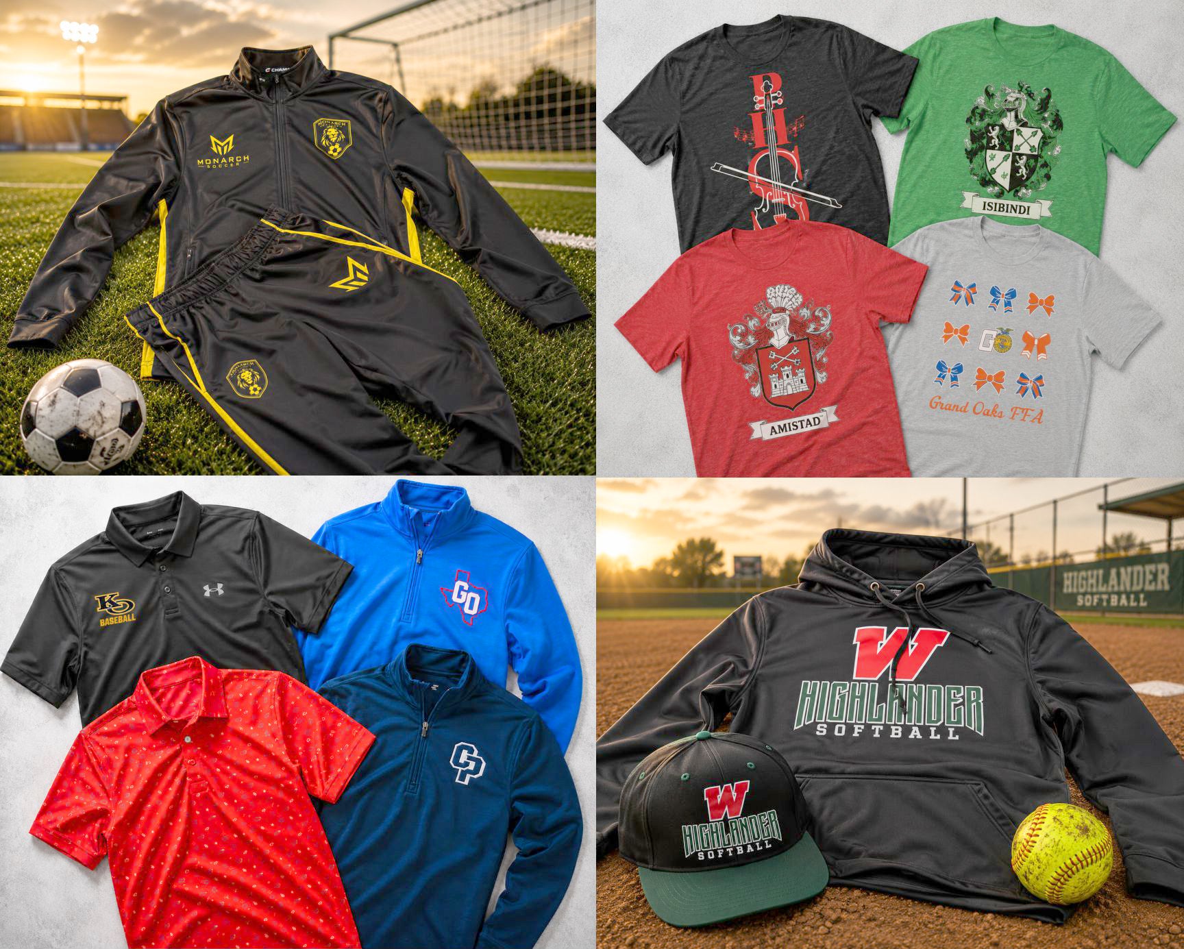 A collage of team apparel, custom shirts, team sweaters, team hats and polos