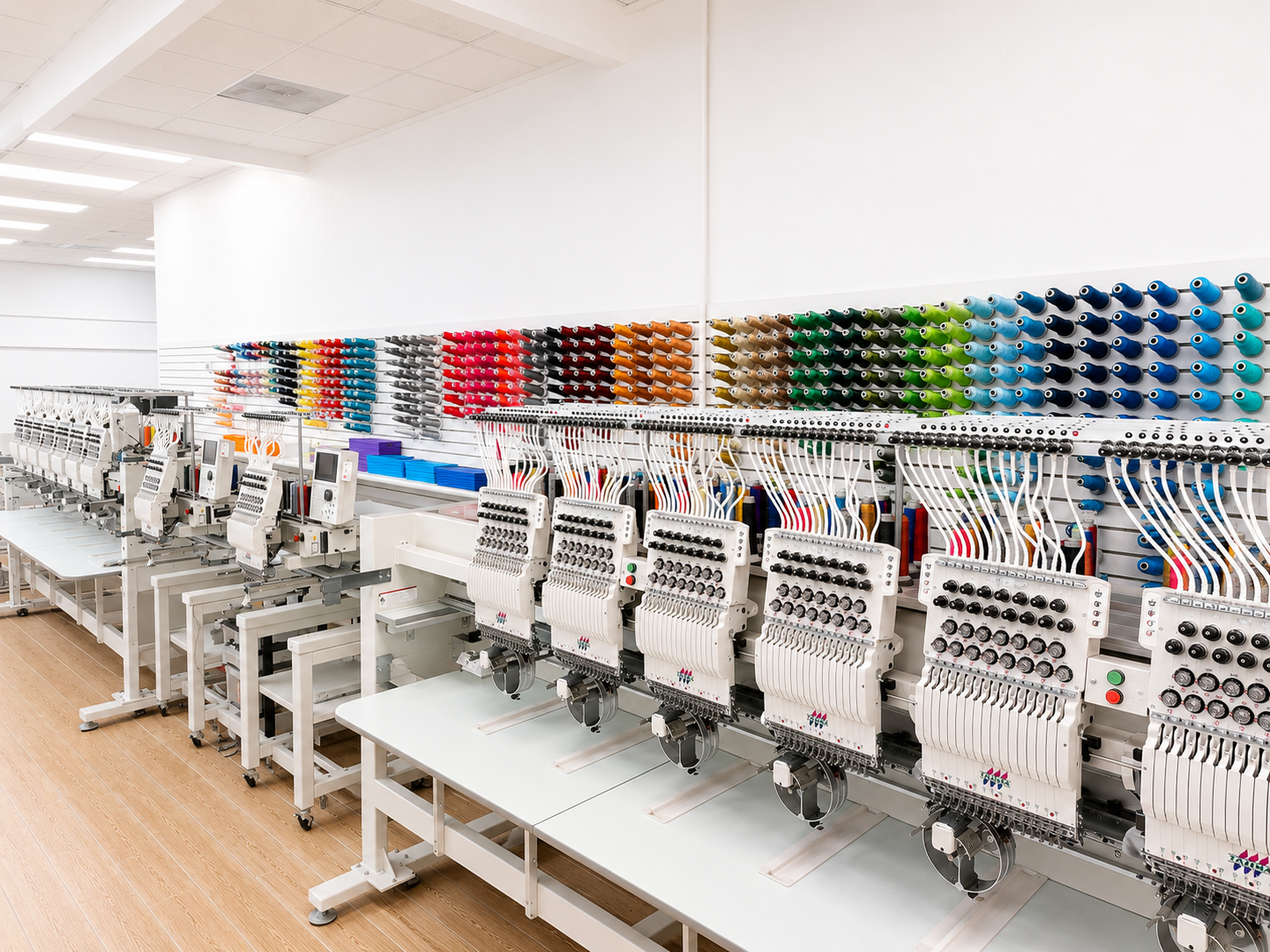 A long row of industrial embroidery machines on white worktables in a bright, clean studio or workshop. Color swatches of thread are displayed in bins along the wall above the machines.