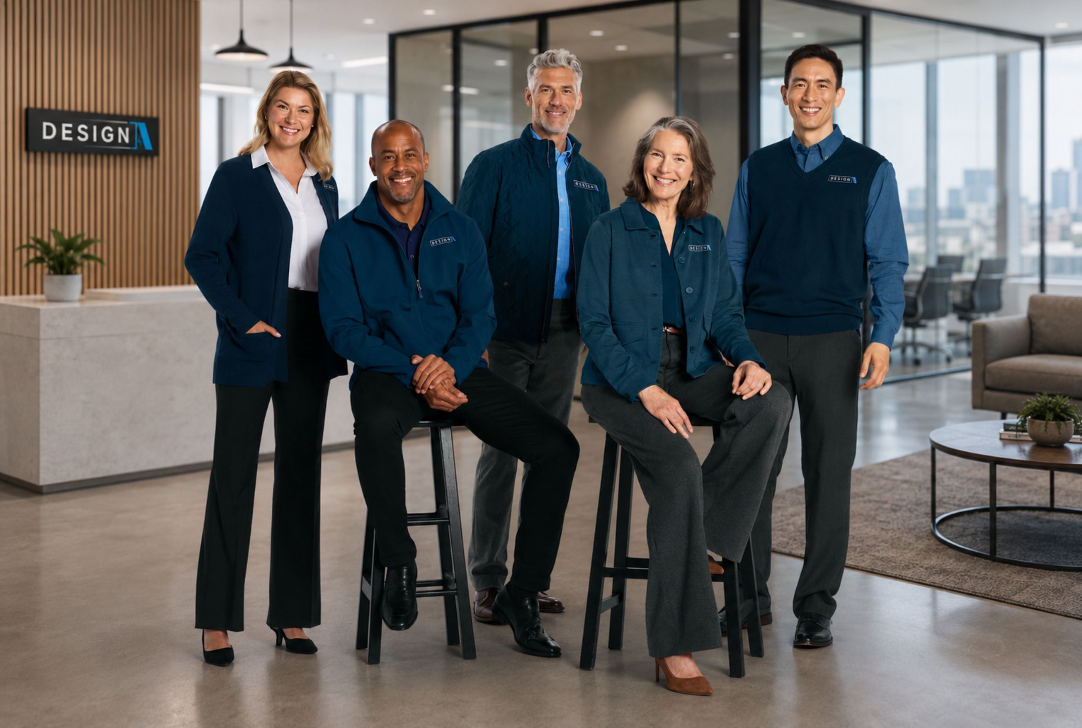 5 people in blue branded work apparel smiling