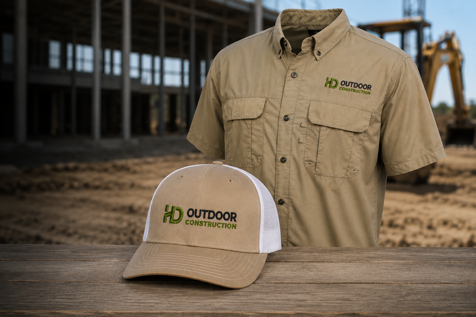 Beige button down work shirt with logo and beige hat with logo