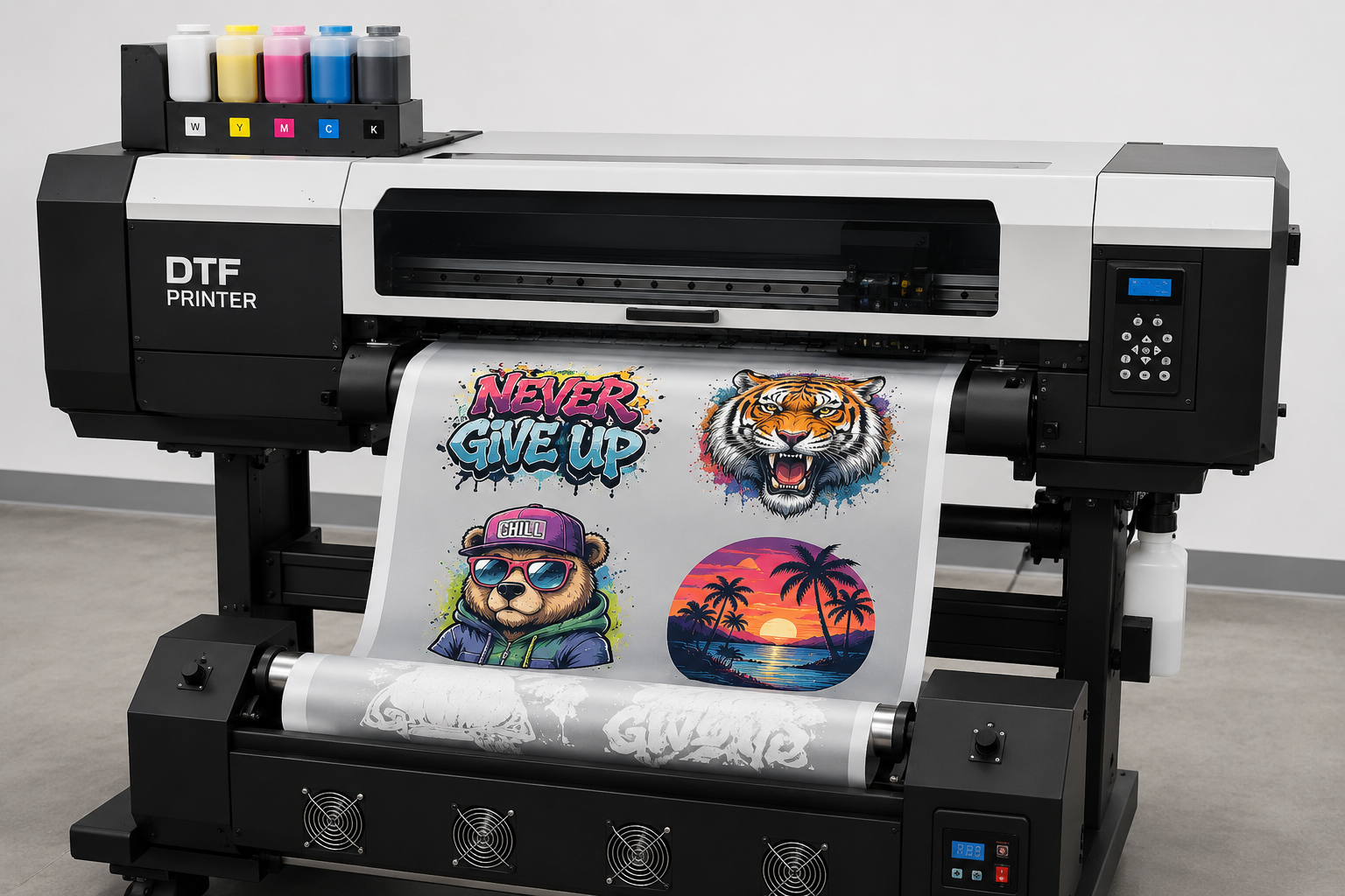 A large DTF (Direct to Film) printer shown in a studio setting, printing a roll of graphic t-shirts. The printer has a black and white design with a color ink cartridge tray loaded with yellow, cyan, magenta, and black ink.