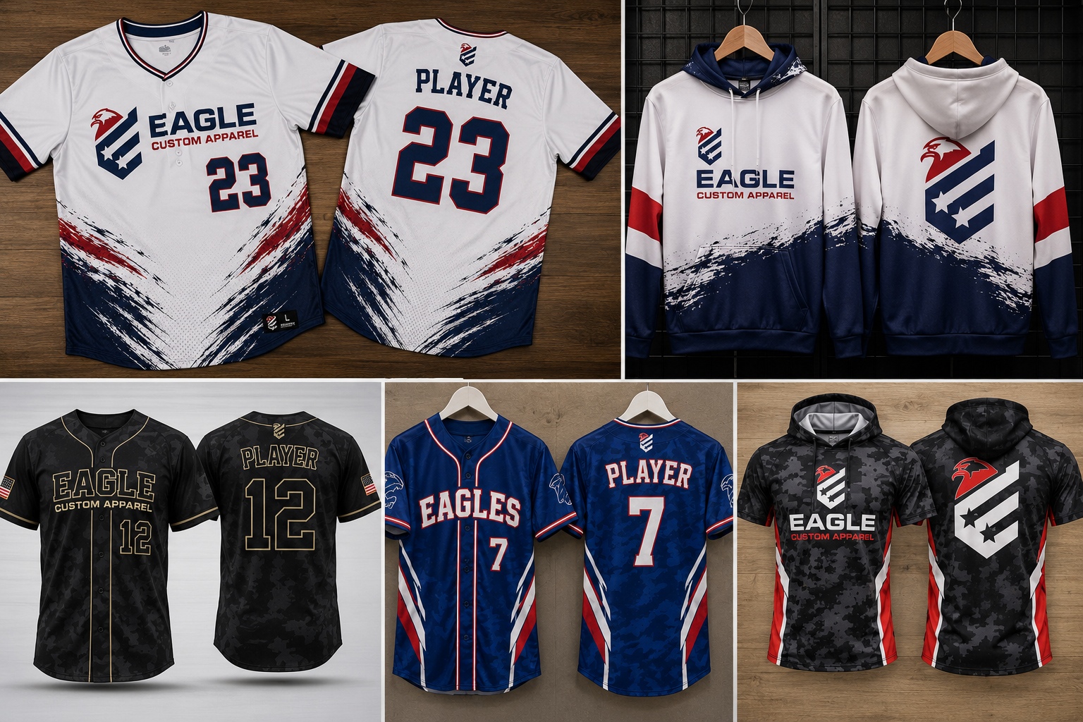 A collage showing multiple custom sports apparel designs, including white and blue jerseys, black and blue hoodies, and black and blue baseball jackets, each with team-style graphics, player names, and numbers. The designs feature abstract brushstroke patterns in navy, red, and white.