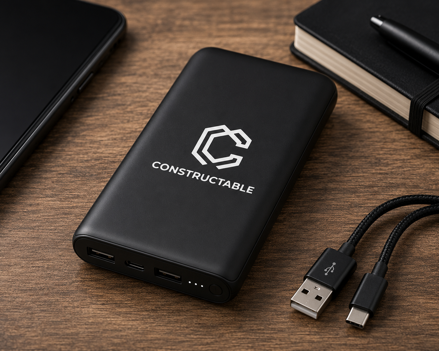 A black Constructable portable power bank with a white logo and text, shown on a wooden desk next to a smartphone, notebook, pen, and USB cable.