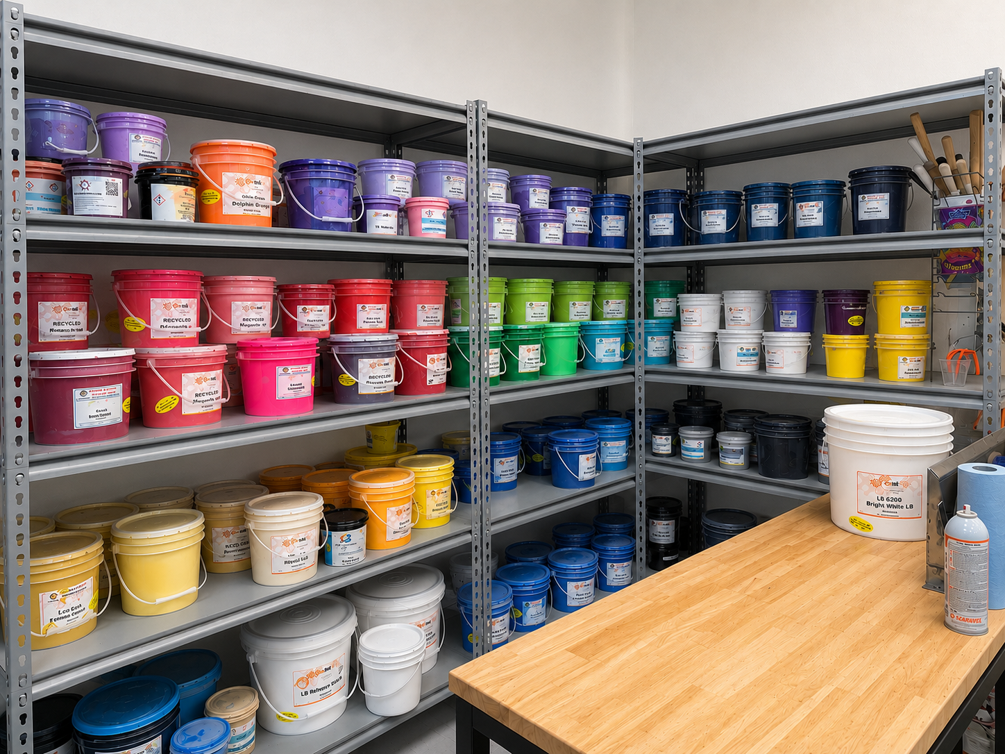 A storage room with metal shelving stocked with many paint buckets and cans in assorted colors, with a wooden worktable in the foreground.