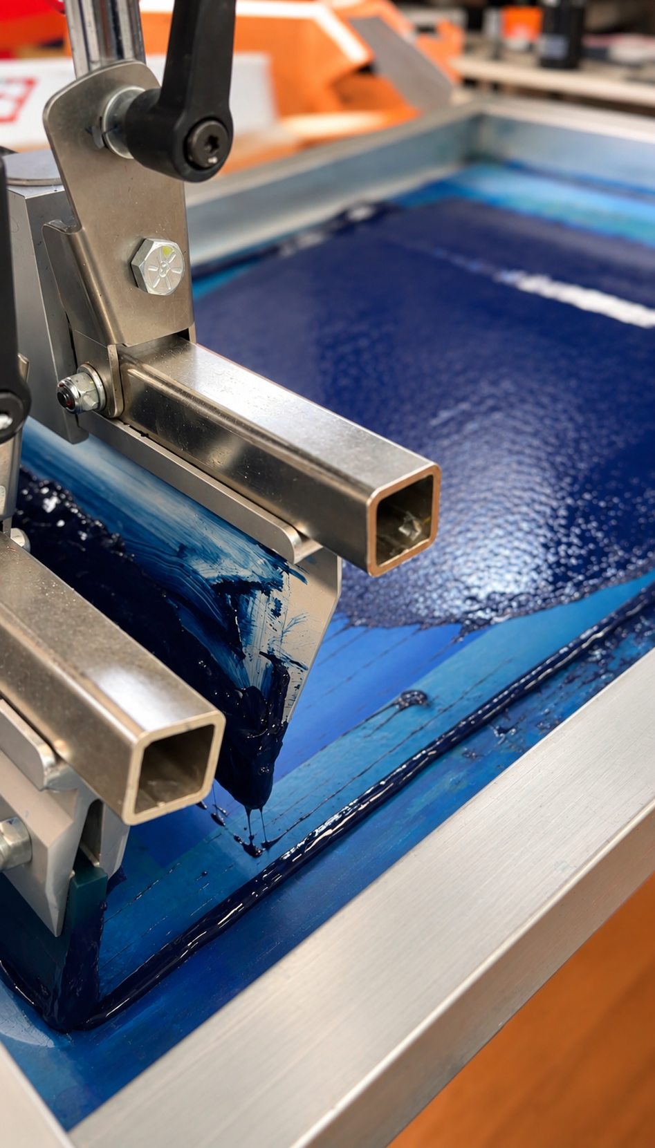 Close-up of a metal screen printing frame with blue ink, showing the printing plate and press components in detail.