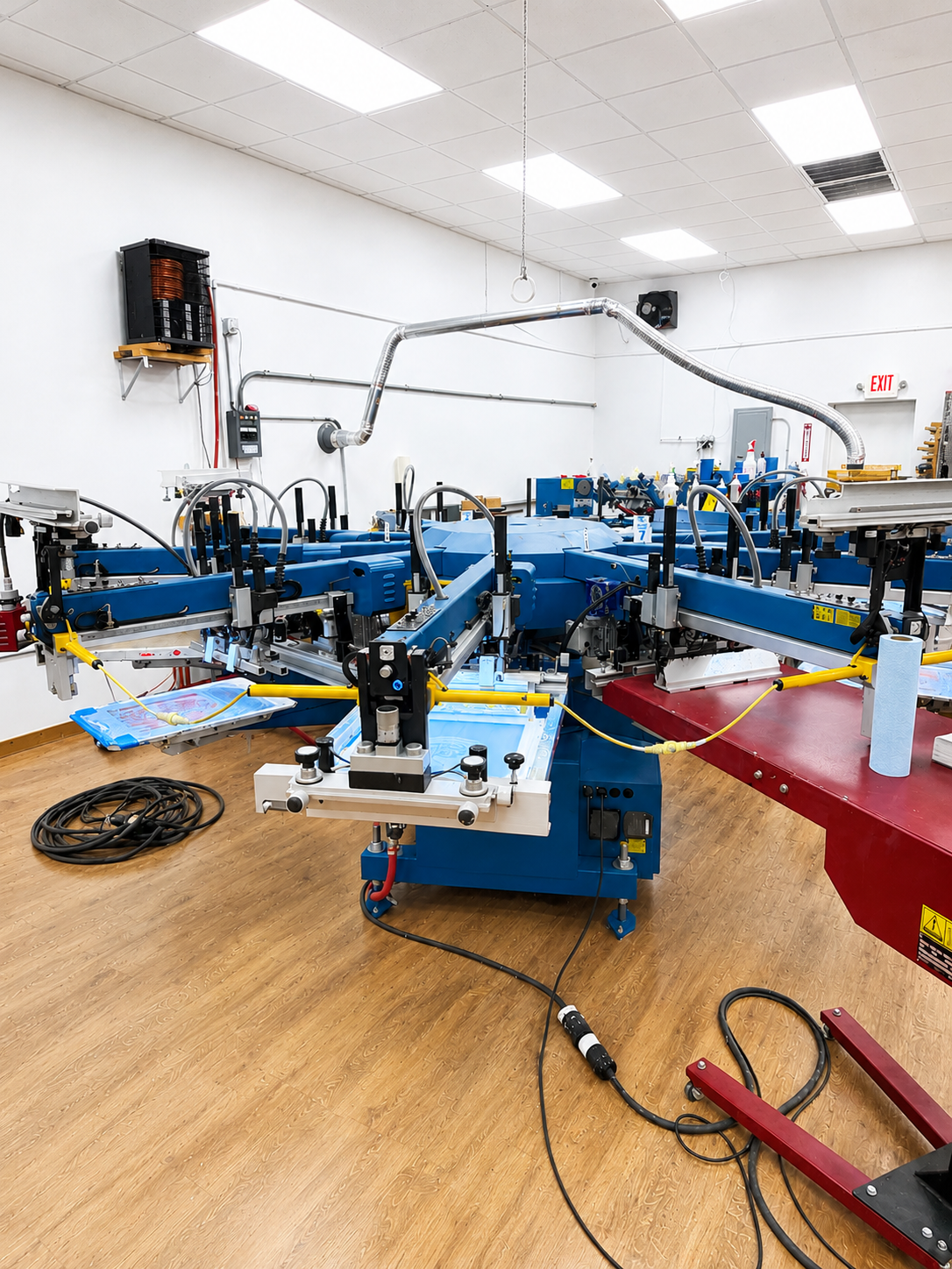 A large industrial screen printing press machine in blue and red, situated in a clean workshop with wood floors, white walls, and ceiling lights.