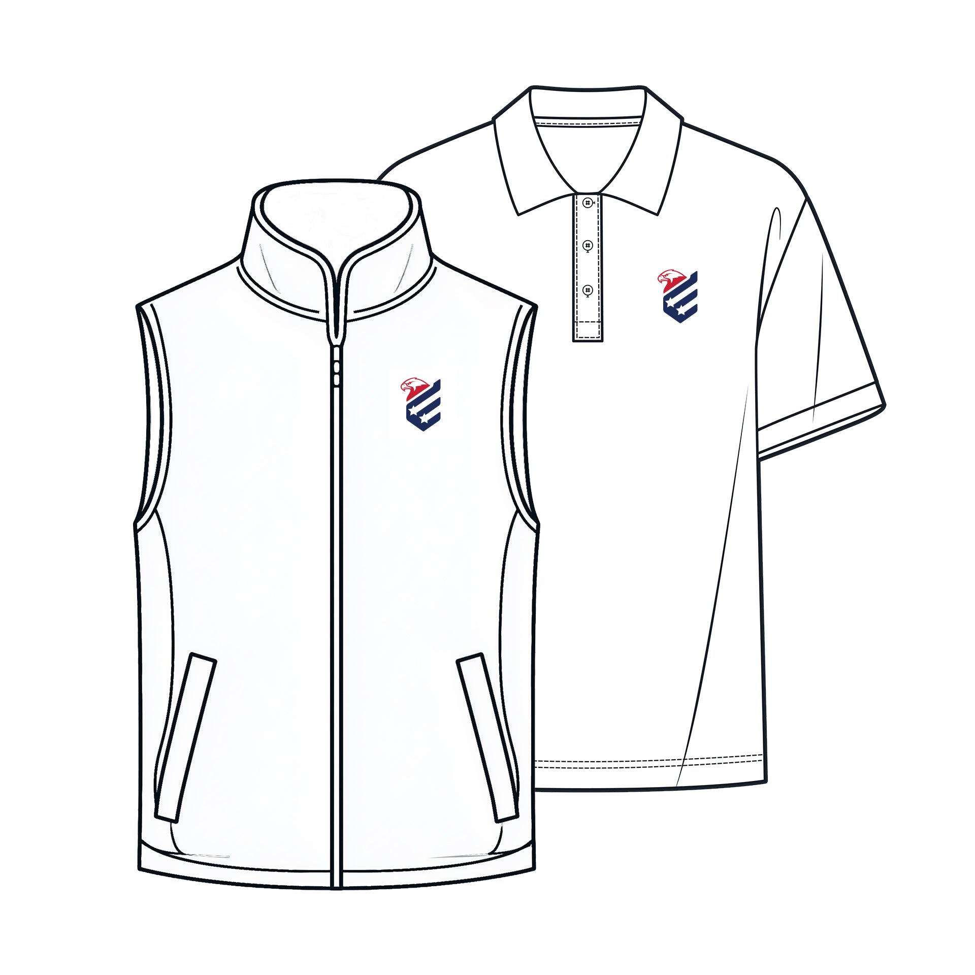 Outline of a vest and polo shirt with a logo on a white background