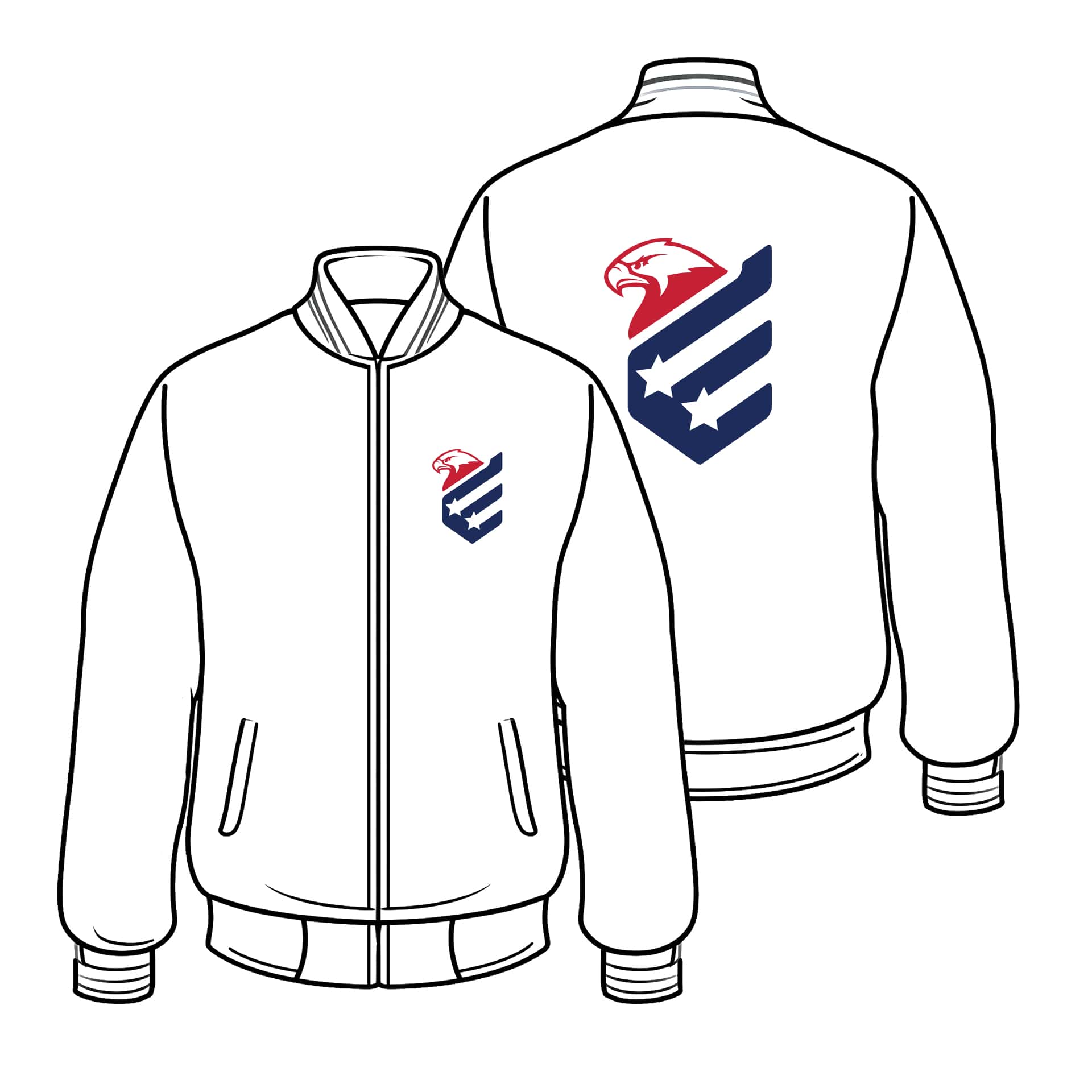 White jacket with a logo on the front and back on a white background