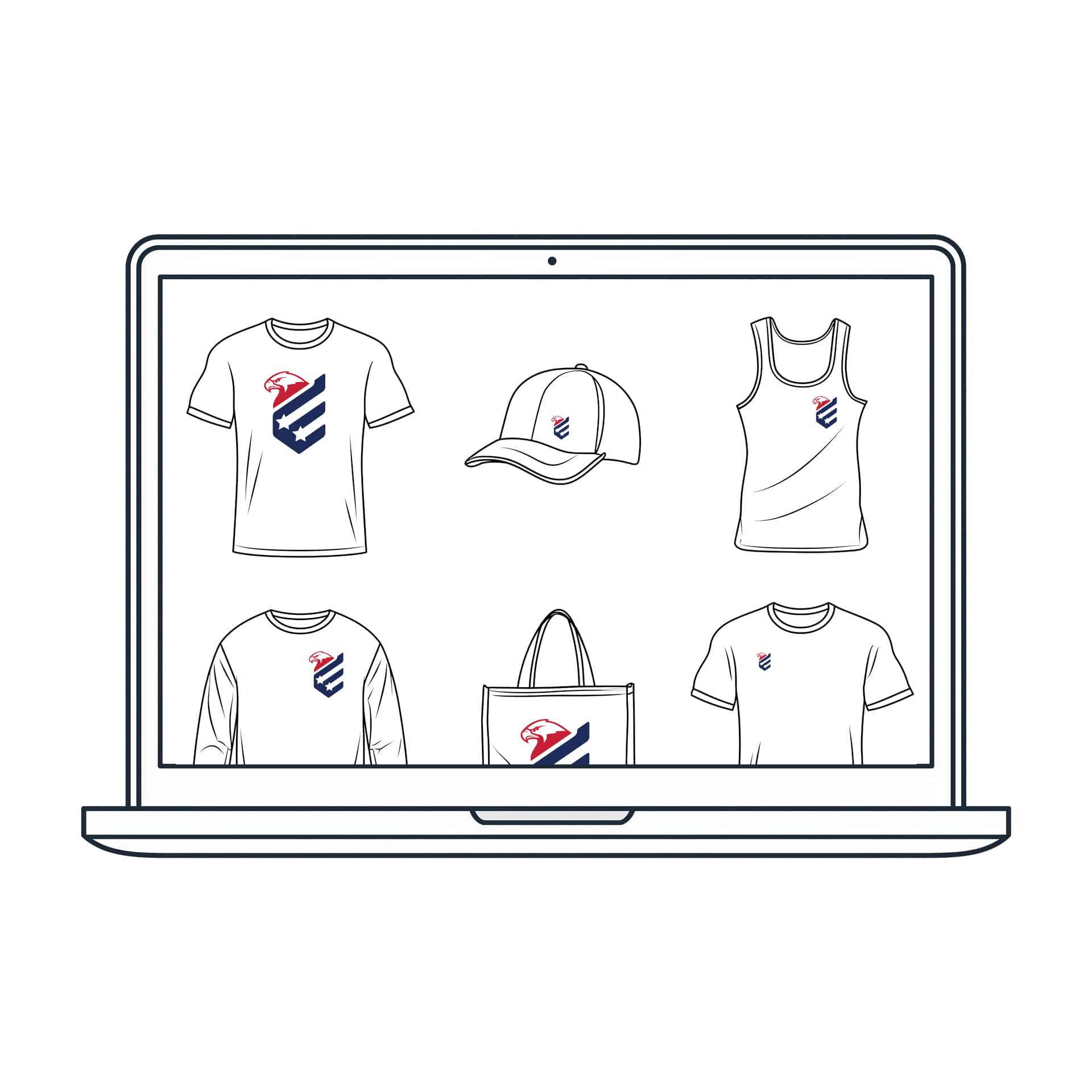 Outline of a laptop screen displaying clothing items on a white background