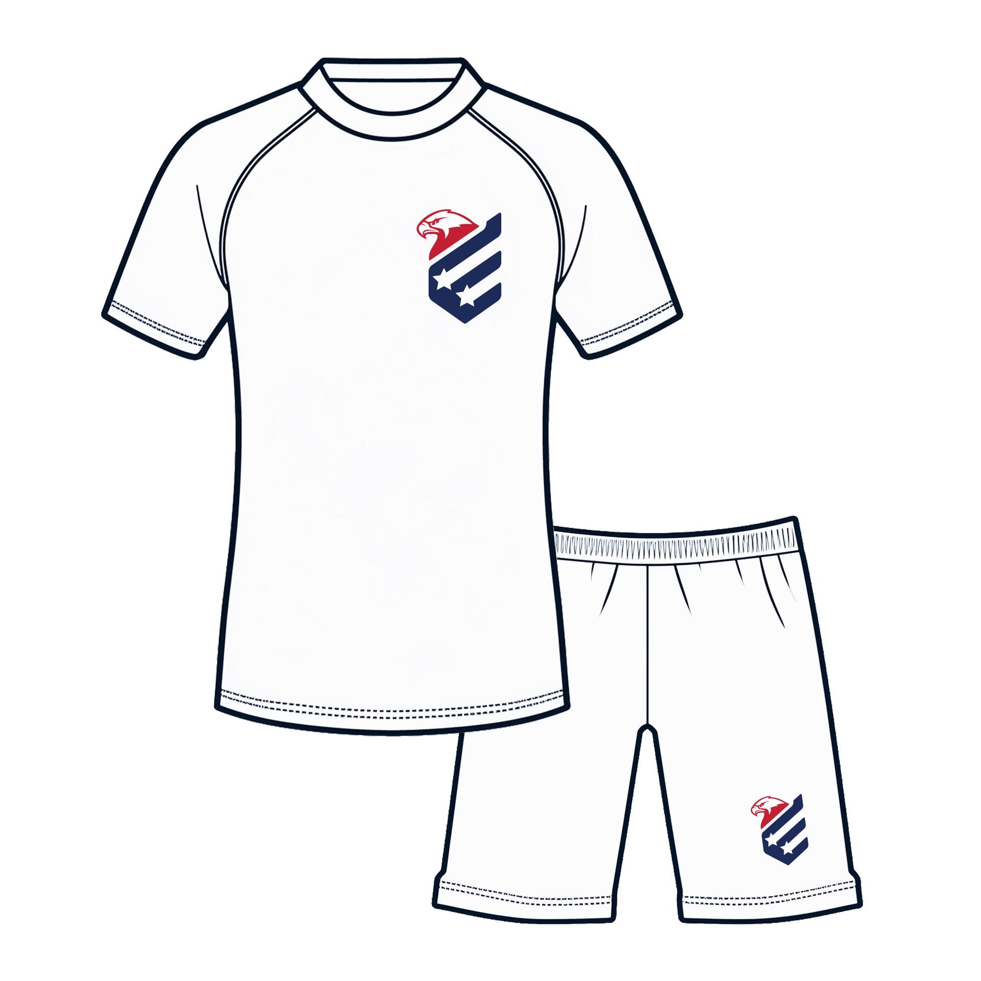 Outline of a t-shirt and shorts set with a logo on a white background